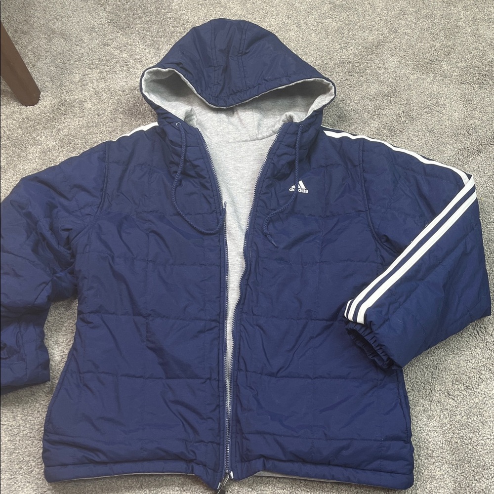 Adidas Hoodie Jacket Reversible Blue Stripe and Gray Unisex